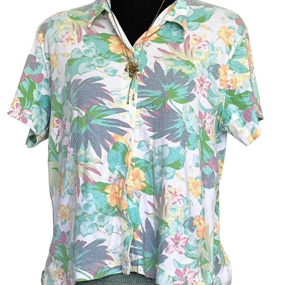 Vintage Donnkenny Casuals Tropical Floral Button Up Shirt Short Sleeve Pastel